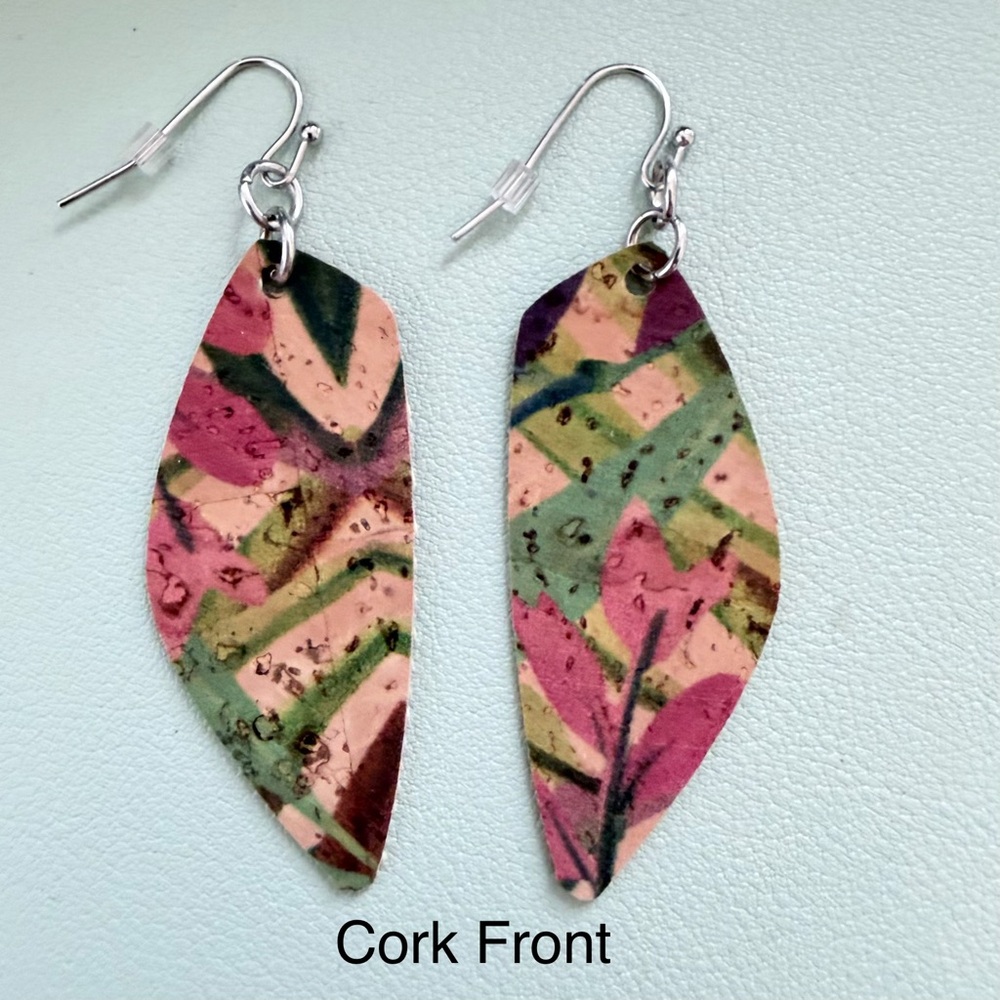 STSDesignCo Handmade Cork & Vinyl Leaf Earrings | 925 Sterling Silver | 2”